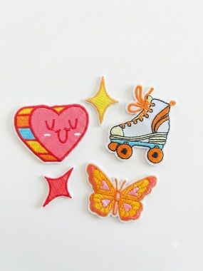 Colorful Roller Skate & Heart Iron-On Patch Set - Pink, Orange, Yellow, Blue